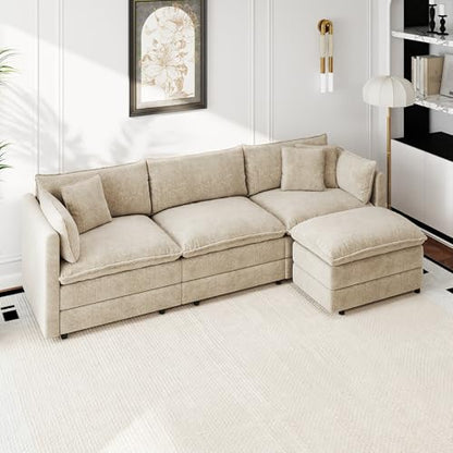 Modular Sectional Sofa Modern Convertible L Shaped Couch,112.2 Inch Deep 3-Seater Sofas Set Comfy Chenille Cloud Sofas and Couches with Movable Ottoman for Living Room Apartment（Camel）