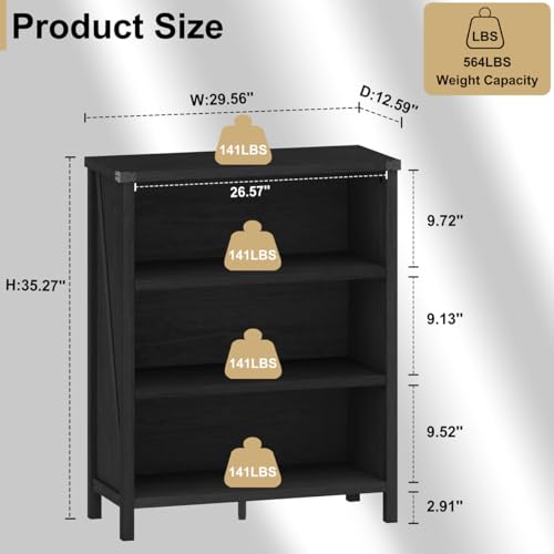 Small Black Bookshelf, 3 Tier Short Book Shelf, Farmhouse Bookcase Storage Organizer, Wooden Book Cases for Small Space, Office, Bedroom, Living Room, Apartment (Black Oak)