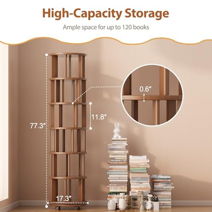 6 Tier Rotating Bookshelf Tower, Solid Wood Bookshelf on Wheels, Circular Book Shelf Rotating, Revolving Bookcase for Small Spaces, Corner Book Case, Spinning Book Shelf for Bedroom, Walnut