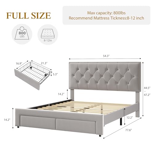 Full Size Velvet Upholstered Bed Frame, 2 Storage Drawers with Smooth Casters, Button Tufted Rivets Headboard, Wooden Slat Support, Noise Free & No Box Spring Needed, Beige Bedroom Bed