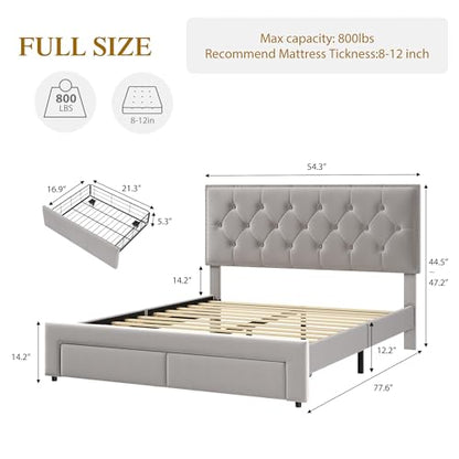 Full Size Velvet Upholstered Bed Frame, 2 Storage Drawers with Smooth Casters, Button Tufted Rivets Headboard, Wooden Slat Support, Noise Free & No Box Spring Needed, Beige Bedroom Bed
