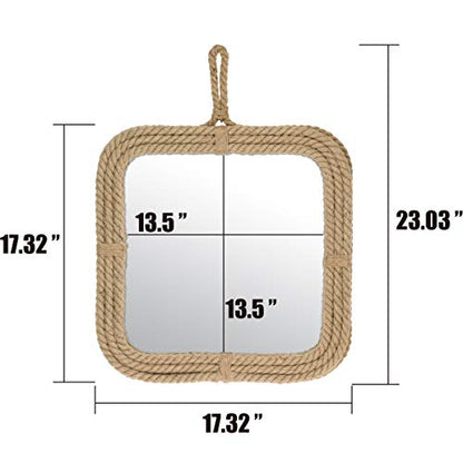 Small Square Rope Mirror for Wall, Light Weight, Rustic Decoration,Tan