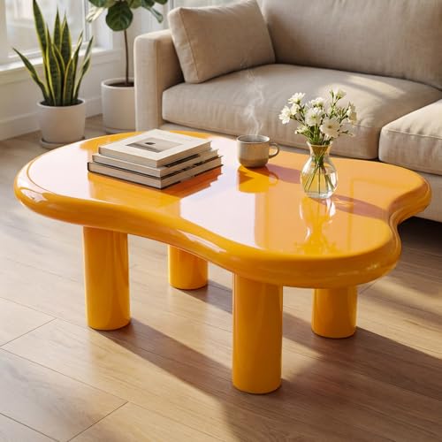 35" Modern Irregular Cloud Coffee Table Yellow Center Desk Minimalist Low Profile Tea Stand Unique Pebble Shape Sofa Side Table for Living Room Bedroom Office Apartment Furniture
