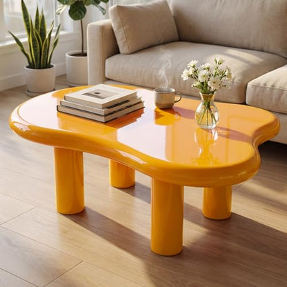 35" Modern Irregular Cloud Coffee Table Yellow Center Desk Minimalist Low Profile Tea Stand Unique Pebble Shape Sofa Side Table for Living Room Bedroom Office Apartment Furniture