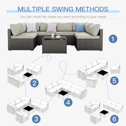 Skyfish 7 Pieces Patio Furniture Set - Outdoor Sectional Wicker Rattan Furniture with Cushion and Glass Table Patio Conversation Sets for Porch Poolside Backyard Outdoor Sofa Set Modular Sofa