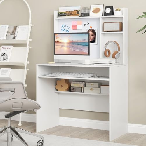 Computer Desk with Hutch, Space Saving Laptop Desk with Magnetic Whiteboard, view 5