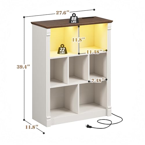 7 Cube Storage Organizer, Bookcases with LED Lighting, White | Anti-Tip Safety Design, Power Outlet Keep Cords Tidy, Sturdy Engineered Wood