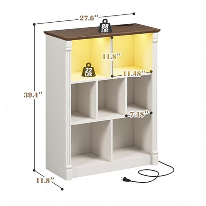 7 Cube Storage Organizer, Bookcases with LED Lighting, White | Anti-Tip Safety Design, Power Outlet Keep Cords Tidy, Sturdy Engineered Wood