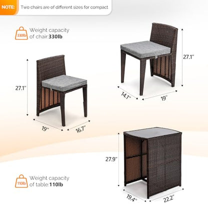 Bonnlo 3 PCS Wicker Outdoor Patio Bistro Set, Patio Furniture Set for Small Space with Glass Top Table Dining Chairs, Balcony Furniture Patio Table and Chairs Set of 2 for Garden Yard Porch (Brown)