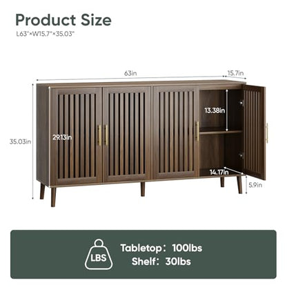 63" Long Sideboard Buffet with 4 Slatted Doors, view 3