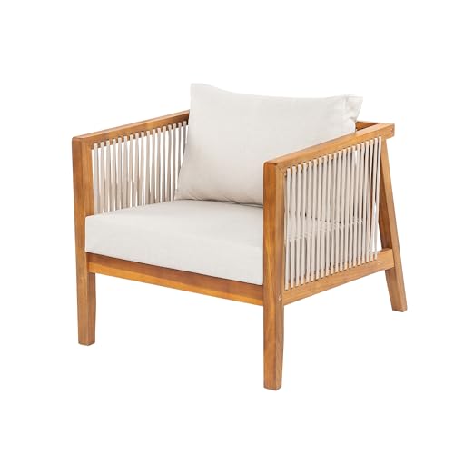 Silas Acacia Wood Lounge Chair Outdoor with Removable Cushion, Wooden Patio Accent Chair with Woven Rope Details, Outdoor Armchair for Patio Furniture Set, Teak+Beige