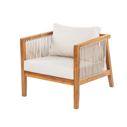 Silas Acacia Wood Lounge Chair Outdoor with Removable Cushion, Wooden Patio Accent Chair with Woven Rope Details, Outdoor Armchair for Patio Furniture Set, Teak+Beige