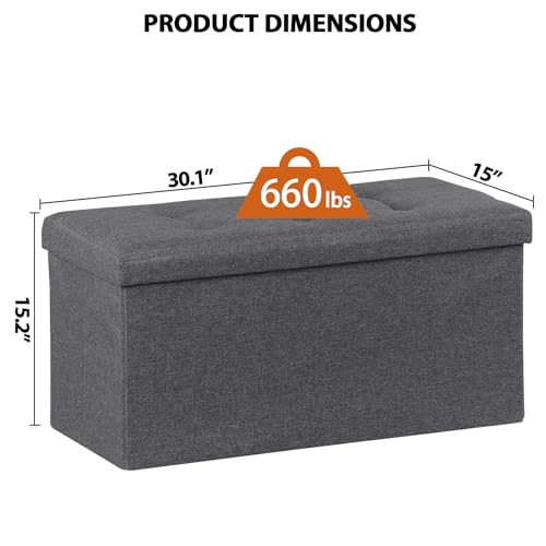 30Inches Storage Ottoman Bench, Folding Footrest Padded Seat, Storage Chest Long Shoes Bench with Divider, Holds up to 660 lbs, for Living Room, Entryway, Bedroom, Dark Gray