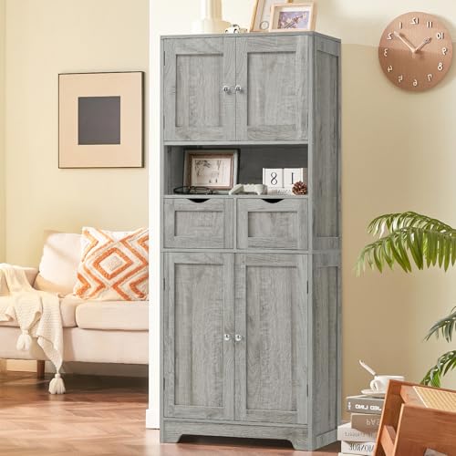 57.8" H Tall Storage Cabinet with 2 Drawers & 2 Adjustable Shelves, Bathroom Storage Cabinet with 4 Doors, Floor Cupboard, for Living Room, Dining Room, Entryway, Woodgrain Gray