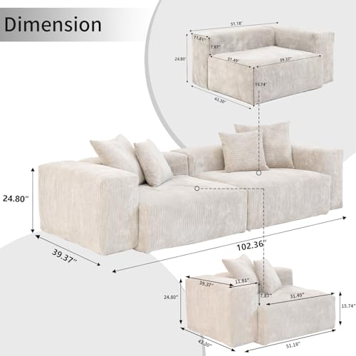 Cloud Couch Modular Sectional Sofa,102inch Corduroy Couch 2 Seater LoveSofa,Beige Convertible Sectional Sofa for Living Room, Cushion Covers Removable& Washable
