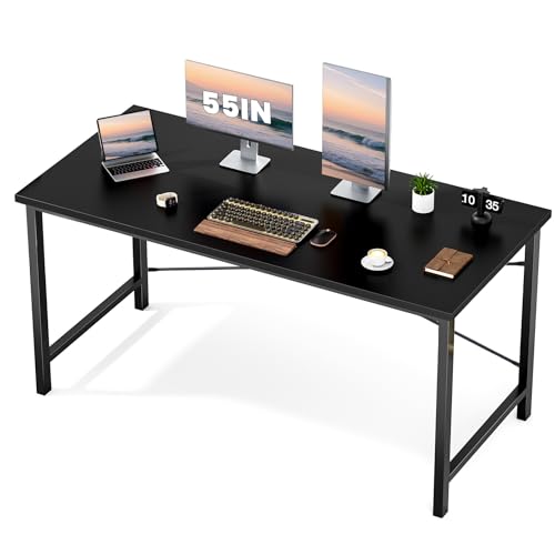 Computer Office Desk 55 Inch Student Study Writing Work with Metal Frame Wood Tabletop Modern Simple PC Home Bedroom Table - Black, Sturdy Compact Desk for Laptop, Study, Gaming