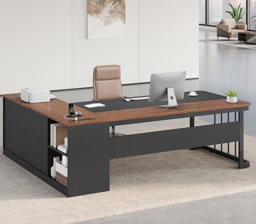 71" Executive Desk, Large Office Desk with Drawers & Storage Shelves, Modern L Shaped Computer Desk Corner Desk with Power Outlets, File Cabinet, Business Furniture Desk Workstation (Walnut)