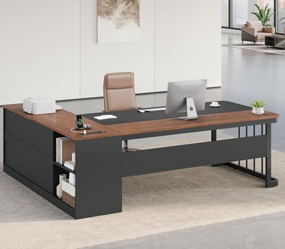 71" Executive Desk, Large Office Desk with Drawers & Storage Shelves, Modern L Shaped Computer Desk Corner Desk with Power Outlets, File Cabinet, Business Furniture Desk Workstation (Walnut)