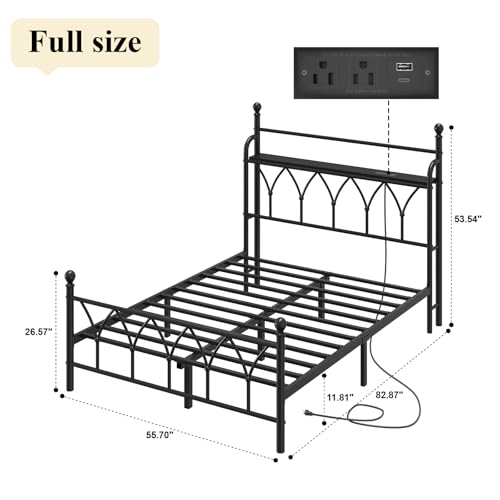 Full Size Metal Bed Frame with Storage Headboard, Charging Station, Black, view 3