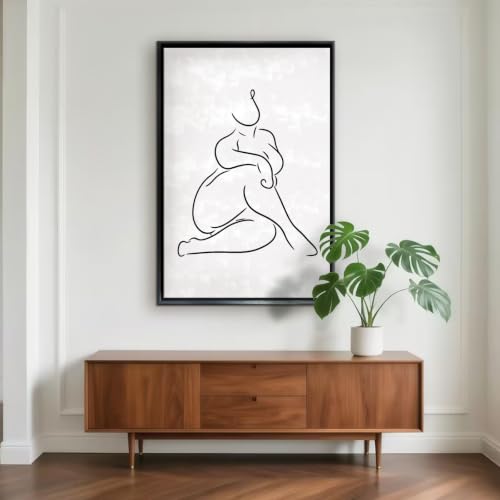 Seated Human Figure Line Drawing Wall Art Canvas Print, minimal figurative line art artwork in black line on white for bedroom, bedroom, office, apartment, modern farmhouse(24x36Inch,Black Framed