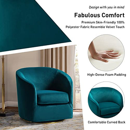 Swivel Accent Chair with Gold Metal Base, Contemporary Velvet Curved Swivel Barrel Chair, Upholstered Club Armchair, Leisure Single Sofa for Living Room, Nursery, Bedroom(Teal)