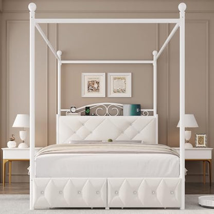 Queen Upholstered Canopy Bed Frame with 2 Drawers & Crystal Tufted Storage, view 4
