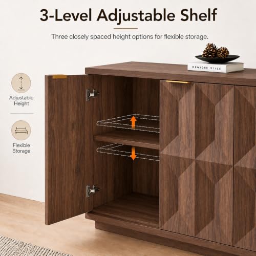 118" Sideboard Buffet Cabinet with 3D Geometric Doors, Long Credenza, view 6