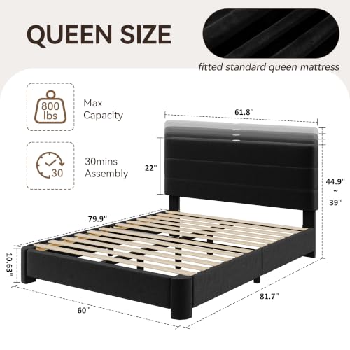 Queen Size Platform Bed Frame with Velvet Upholstered Headboard, view 3