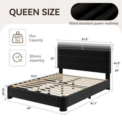 Queen Size Platform Bed Frame with Velvet Upholstered Headboard, view 3