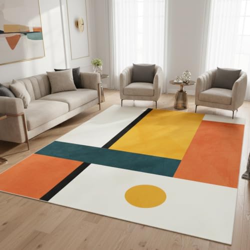 Mustard Yellow Terracotta Teal Bauhaus Color Block Abstract Mid Century Modern Area Rug 2x6 Boho Rug for Living Room Dining Room Bedroom Gustroom Home Office Dorm Apartment Washable Low Pile Carpet