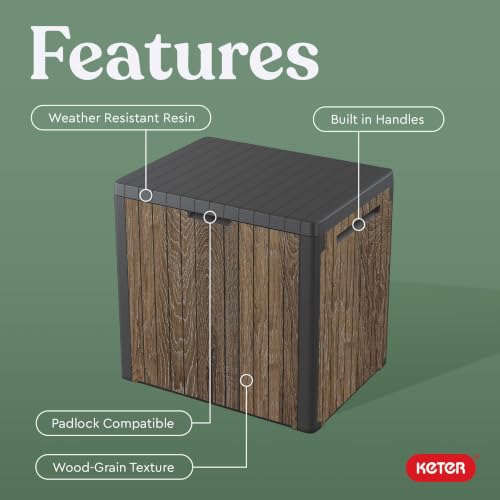 Keter Signature Everwood 30 Gallon Resin Outdoor Storage Box and Patio Furniture Side Table for Pool and Garden Accessories, Walnut