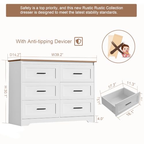 Farmhouse Dresser for Bedroom 6 Drawers Dresser with Power Outlets Rustic Chest, view 4