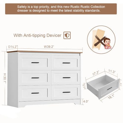 Farmhouse Dresser for Bedroom 6 Drawers Dresser with Power Outlets Rustic Chest, view 4