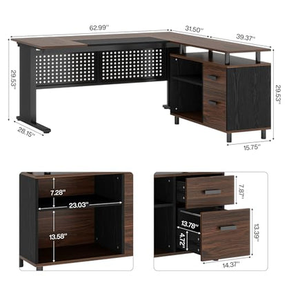 Tribesigns 63 Inch Executive Desk with File Cabinet, L Shaped Office Desk, view 3