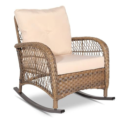 Outdoor Wicker Rocking Chair, Patio Rattan Rocker Chair with Cushions & Steel Frame, All-Weather Rocking Lawn Wicker Furniture for Garden Backyard Porch (Beige)