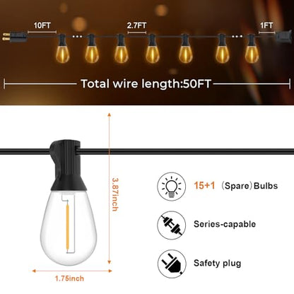 50FT LED Outdoor String Lights with 16 Shatterproof Waterproof Replaceable Bulbs, view 7