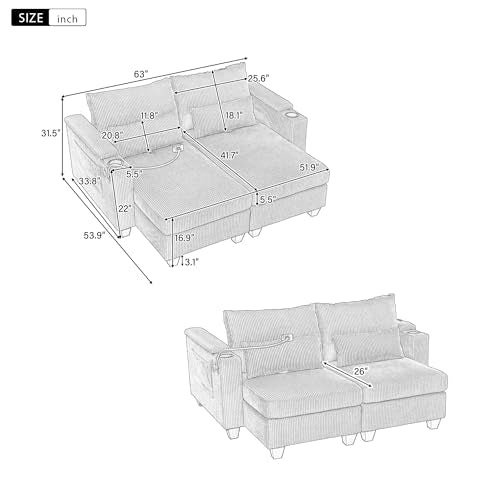 Modern 63" Convertible Chaise Lounge with USB Ports, Phone & Cup Holders, view 3