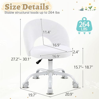 Small Vanity Chair with Faux Fur Wheels for Girls,Cute Adjustable Height Armless Office Desk Chair,360°Swivel Comfy Rolling for Study,Make up Room,Small Space,White