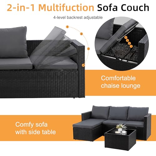 4 Pieces Patio Furniture Set, 2-in-1 Convertible Sectional Sofa & Chaise Lounge, All-Weather Wicker Rattan Sofa Couch with Cushions & Coffee Table for Yard, Garden, Porch, Poolside (Gray)