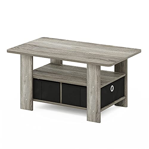 Andrey Coffee Table with Bin Drawer, French Oak Grey/Black | 2x Bin Drawers, Soft-Corner, Rectangular Side Table for Living Room, Bedroom, Home Office