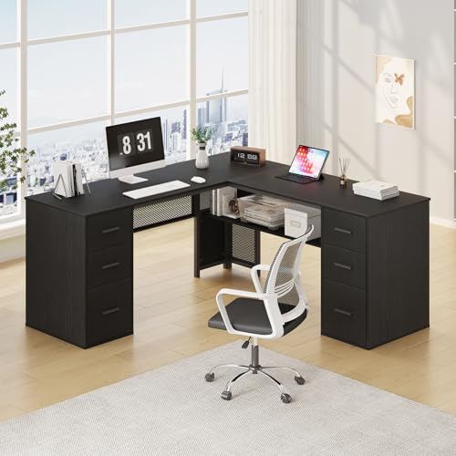 Black L Shaped Desk with File Drawers Shelves, Reversible Corner Metal Wood Computer Desk with Storage Cabinet, Modern Large Executive Work Writing Study Table for Home Office Bedroom, 59 Inch
