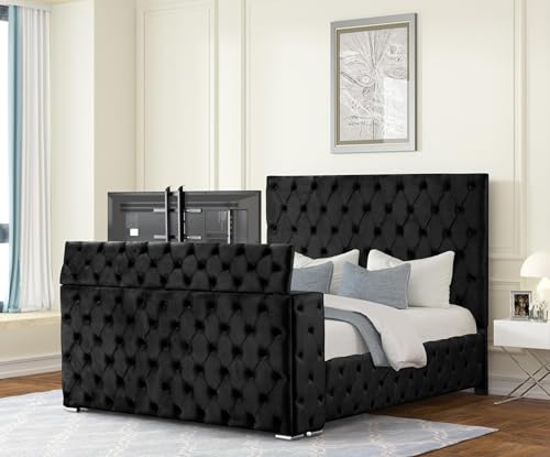 Velvet Platform Bed with Tufted Features, Fireplace & TV Stand, view 5