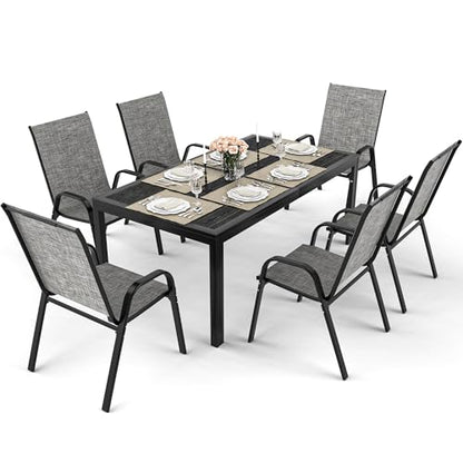 Outdoor Dining Sets for 6, Rectangular Steel Slat Table with 6 Textilene Chairs, 7 Piece Patio Table and Chairs Set with Umbrella Hole for Patio, Garden, Backyard and Poolside (Grey)
