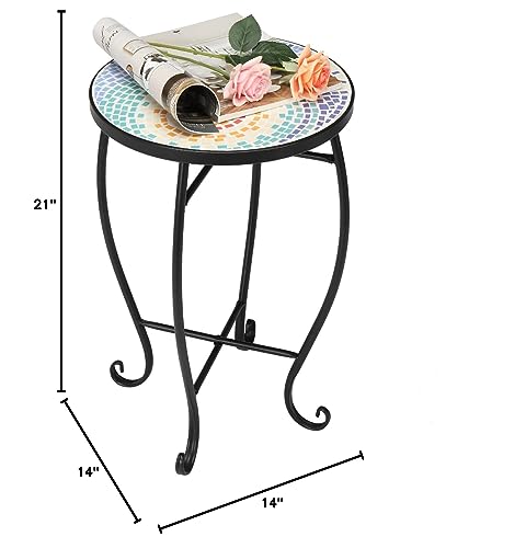 Mosaic Accent Table, 14" Round Side Table,End Table, Plant Stand Decor for Patio Porch Beach Theme Balcony Back Deck Pool Indoor Outdoor Coffee, Metal Cobalt Glass Top Black Iron(Blue Hawaii)
