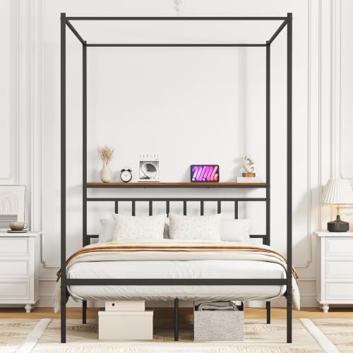 Full Canopy Bed Frame with Storage Headboard Minimalist Style 4 Posters Bed, view 4