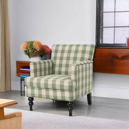Eve Modern Upholstered Club Chair, Wooden Living Room Accent Chair, Comfy Bedroom Reading Chair, Multifunctional Armchair, Green Checkerboard