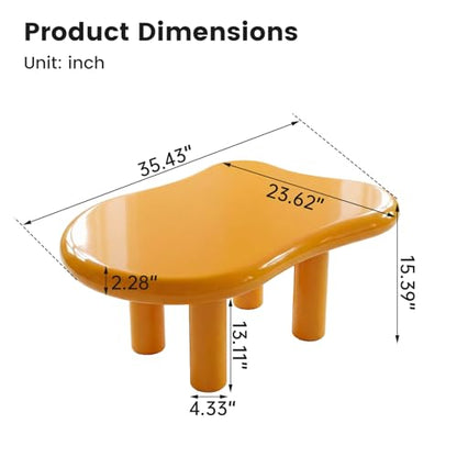 35" Modern Irregular Cloud Coffee Table Yellow Center Desk Minimalist Low Profile Tea Stand Unique Pebble Shape Sofa Side Table for Living Room Bedroom Office Apartment Furniture