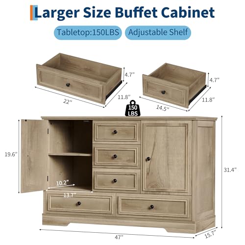 47” Farmhouse Sideboard Buffet Cabinet,5 Drawers,2 Doors,Oak, view 3