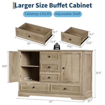 47” Farmhouse Sideboard Buffet Cabinet,5 Drawers,2 Doors,Oak, view 3