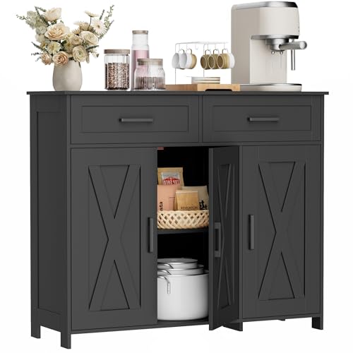 Sideboard Buffet Cabinet, Coffee Bar Storage Cabinet with Drawers and Doors, Farmhouse Kitchen Cabinet with Adjustable Shelves, for Kitchen, Dining Room, Living Room, Black